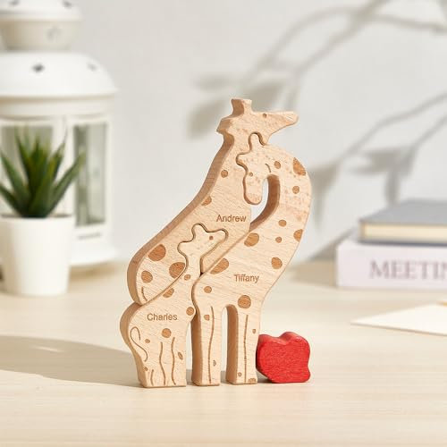 Personalisiertes Holzkunstpuzzle der Giraffefamilie mit Weihnachtsmütze, Holz Giraffe Skulpturen Desktop Ornament Weihnachts Home Tischdekoration, Geschenk für Familie, Oma, Opa Mama, Papa