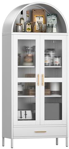 SUPEER Vitrine aus Metall Sideboard Standschrank mit Bogendach,Vitrinenschrank Küchenschrank mit 2 Glasstür & 1 Stauraum Schubladen, Glasvitrine Schrank für Wohnzimmer Schlafzimmer, 185x80x40 cm(weiß)