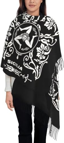 GONMFKM Schal Für Damen Mit Flagge Und Landkarte Von Sizilien – Neuartiger Schal Mit Patriotischem Abstraktem Druck, Weicher Pashmina-Wickel Für Den Winter, Große Dicke Decke, Stola, Schal Mit Quaste
