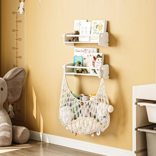 GoTiling 3er-Set Wand Bücherregal Kinderzimmer: 40cm Schwebende Wandregal Kinderregal mit 1er Aufbewahrung Netz - Montessori Kinder Regale für Bücher, Spielzeug und Dekoration(Holz, Weiß, Wandmontage)