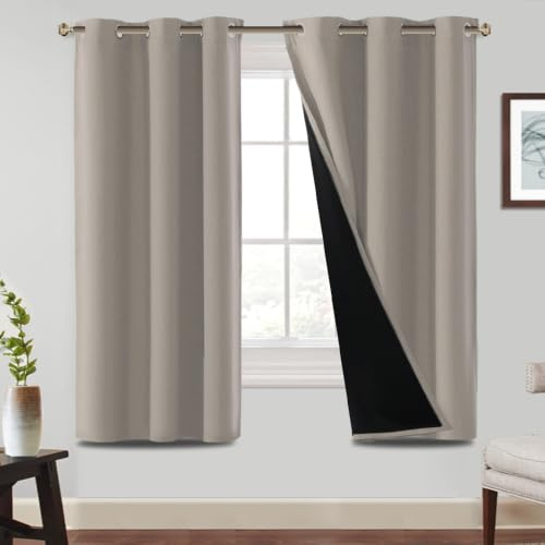BellaHills 100% Blackout Curtains Eyelet Thermal Insulated Curtains for Living Room Heat and Full Light Blocking Window Treatments with Black Liner 2 Panels, 46 x 72 Inch, Natural Sand