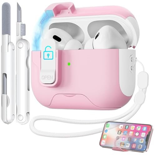 TNSNK Compatible with AirPods Pro 2nd/1st(2023/2022/2019), Safety Lock Design, Protective Case for AirPods Pro 2 Case (Built-in Phone Stand) with Clean Pen & Lanyard