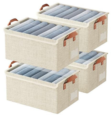 AARAINBOW Closet Clothes Organizer Bins 4 Pc, Fabric Storage Box Stackable Shelf Organizer Bins, Foldable Closet Shelf Storage Container with Lid & Steel Frame, 23L (4 Beige with Lid)