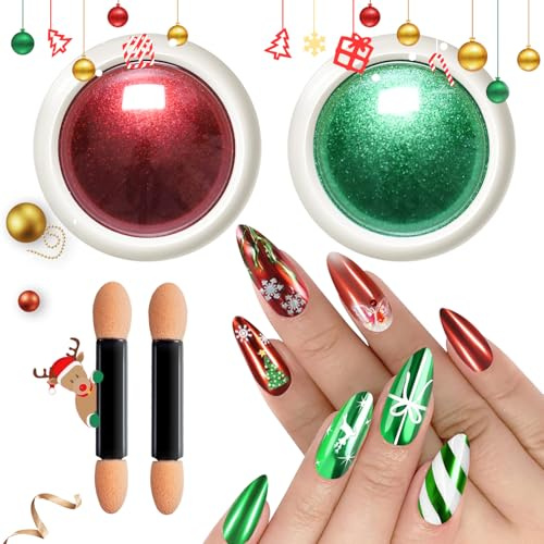 Rot Grün Chrome Nail Powder- Chrome Nägel Pulver, Spiegeleffekt Metallic Cromepulver Nägel Glitzer Nagelpuder Weihnachtliche Nageldesigns 2 Jar, Red Green