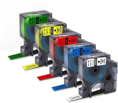Invoker 5x Farbige Ersatz für Dymo D1 Etikettenband 12mm x 7m 1/2Zoll 23Fuß | Schwarz auf Weiß/Rot/Gelb/Blau/Grün Kompatibel mit DYMO COLORPOP LabelManager160 210D 280 360D 420P 500TS 640CB 400DUO 450DUO