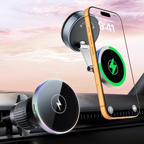 CloudValley 15 W für MagSafe-Autohalterungsladegerät, [Schnelles kabelloses Laden mit RGB-Licht]360° drehbarer, abnehmbarer magnetischer Telefonhalter für iPhone 17/16/Armaturenbrett/Windschutzscheibe