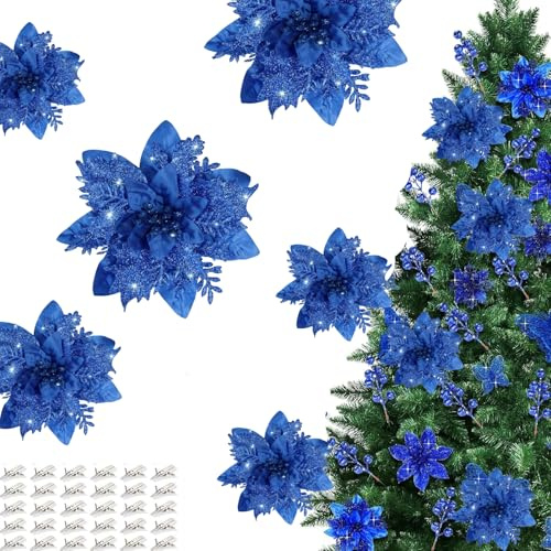 15 Stücke Weihnachten Funkeln Weihnachtsstern Blumen,Künstliche Weihnachten Blumen,Weihnachtsblumen Dekorieren,Christbaumschmuck Glitter Poinsettia,Weihnachtsbaumschmuck Ornament