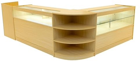 Maple Shop Counter Set Europa LED Light B1500 C1500 LM60 TB60 150cm 60cm W Lockable Sliding Doors Keys Retail Storage Units Till Block Glass Display Showcase Cabinet Corner Clothing Jewellery Shelves