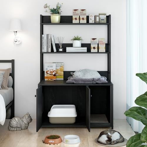 HAUSPROFI Katzenklo Schrank, 3-in-1 Katzenhaus mit 3 Offenem Regal, Kratzunterlage und Tür, Katzenschrank für Katzen Haustier, 132x90x45cm (Schwarz, 132x90x45cm)