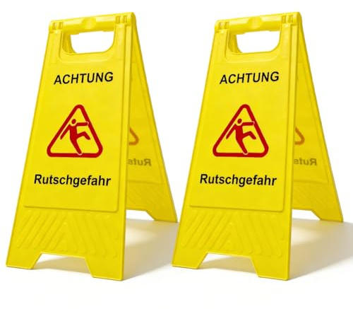 Achtung Rutschgefahr Aufsteller, 2 Stück Warnschild vor Glätte, beidseitig beschriftet, Gelb 60x29 cm, Kunststoff Aufsteller