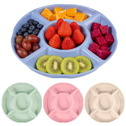 4 Stück Snackteller Mit 5 Fächern Rund, Bunt Süßigkeiten Teller Snackschale Mit Fächern Kunststoff, Snackteller Mit Fächern22.5 cm, Stapelbarer Obstteller Plastik für Home Party für Desserts Snacks