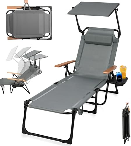 Generisch Sonnenliege Klappbar Liegestuhl mit Dach, Outdoor Gartenliege mit 4-Fach Verstellbarer Rückenlehne, inkl Kopfkissen Getränkehalter Holz Armlehnen, bis 150 kg belastbar, für Balkon Strand