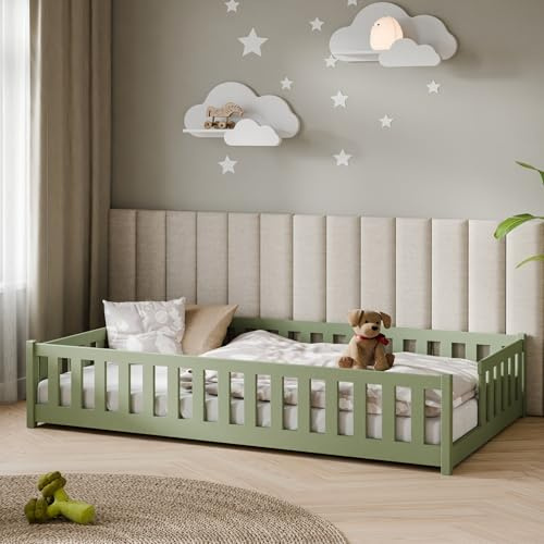 Kids Collective Kinderbett Bodenbett mit Rausfallschutz & Lattenrost Montessori Bett Bed Gitterbett Kinder Jugendbett Einzelbett | 120x200 cm | Olivgrün