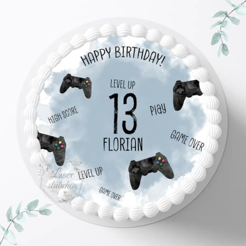 Tortenaufleger Gaming Controller zum Geburtstag,personalisierbar mit Name und Alter ⌀20cm Zuckerbild, Gamer, Zocker Foto für Torten, Fondant 3103G