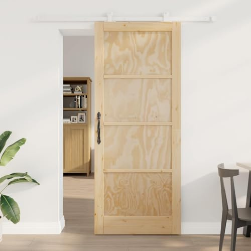 Kaloriko Porta scorrevole in legno di pino massiccio naturale e bianco, 86 x 211 cm, con binario in acciaio verniciato a polvere, design salvaspazio, meccanismo a scorrimento delicato