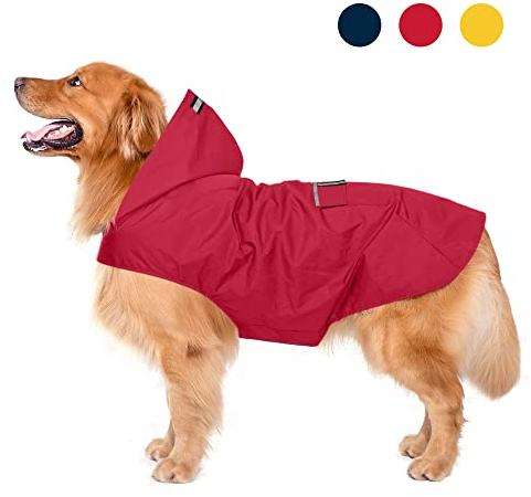 Zellar Hunderegenmantel mit Kapuze & Kragenloch & Sicheren Reflektierenden Streifen, Ultraleichte Atmungsaktive 100% wasserdichte Regenjacke für Mittelgroße bis Große Hunde, Rot, 4XL
