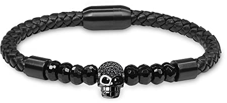 COAI Geschenkideen Glücksarmband aus Achat Schwarz und Lederarmband mit CZ Pave Totenkopf in Größe L für Herren