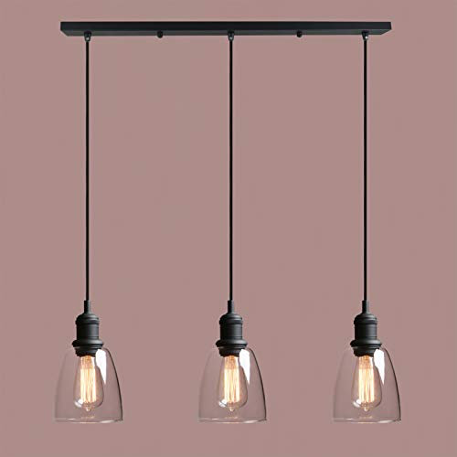 Yosoan Industrial Vintage Victorian Loft Bar 3 Way Pendant Light Fittings,Glass Chandelier, Hanging Ceiling 3 Lights Fixture for Kitchen Dining Room Living Room Restaurant Cafe (Black)