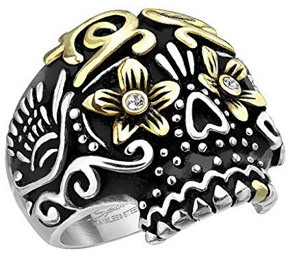 Mianova Herren Ring Edelstahl Massiv Breit Herrenring Männer Biker Rocker Totenkopf Dia De Los Muertos Zuckerschädel vergoldet Größe 69 (22.0)