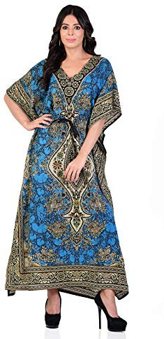 Shah Crafts. Women Kaftan Dress Kimono Long Maxi Nightdress Bech Cover Ups Casual Gown Loungewear Caftans Plus Size Tunic Teal Blue