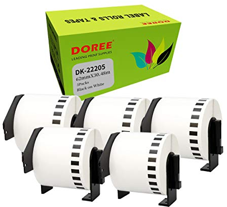 DOREE 5 Rollen DK-22205 Endlosetiketten, kompatibel mit Brother DK22205, 62mm x 30,48m Selbstklebende Etiketten, Weiß Schwarz Schrift, für Brother QL-500,QL-550,QL-570,QL-700,QL-800,QL-1100