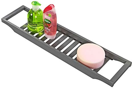 Taylor & Brown Premium 100% Natural Bamboo Bath Caddy Bridge Slim Wooden Bathtub Bathroom Over the Tub Shelf Tidy Storage Tray Rack Holder Organiser, Grey