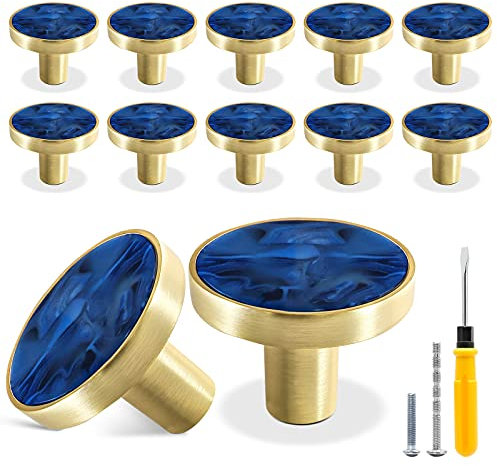 Cionyce 12 Pack Gold Knobs for Dresser Drawers, Brass Dresser Knobs Round Cabinet Knobs for Kitchen Cabinet Cupboard Door Decorative Furniture Hardware, 1-1/4 Diameter, Navy Blue