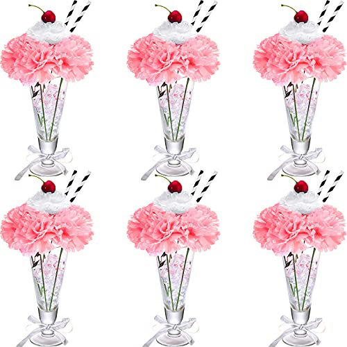 WILLBOND 50's Decorations, Artificial Silk Carnation Picks Set Include White Pink Carnation Flowers and Lifelike Cherries with Paper Straws for DIY Rock and Roll 1950's Soda Shop Party Decor (58)