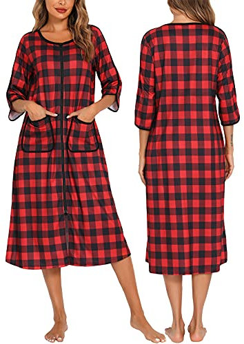 Veseacky Damen-Bademantel mit Reißverschluss vorne, Hausmantel, 3/4-Ärmel, Nachthemd, volle Länge, Damen-Lounge-Kleid mit Taschen, S-XXL, B-red Plaid, XX-Large