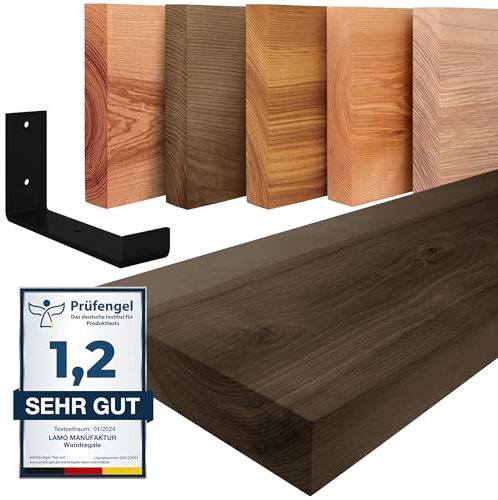 LAMO Manufaktur Wandregal Holz Gerade | Regal Farbe: Schwarz | mit schwarzem Industrial Regalträger | 160 cm