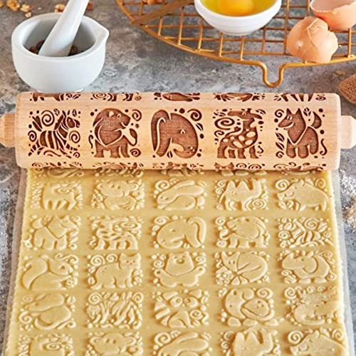 Rouleaux à Pâtisserie en Relief Rouleau à pâtisserie en Bois avec Motif Fleur de Vigne Outil à pâtisserie Cuisine gravé en Relief, pour Cookies, Fondants, Gâteaux (Animal)