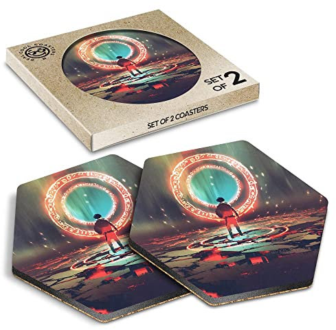 DV DESIGN 2 x Eco Boxed Cork Hexagon Coasters - Fantasy Portal Digital Gamer Drink Cup Mug Glass Table Protection Mat #14038