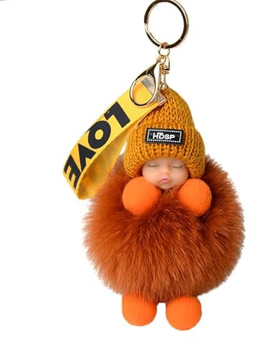 ZHSH 9 cm Fuchspelz Pom Pom Schlüsselanhänger für Rucksack, Süße Schlafende Puppe Schlüsselanhänger für Autoschlüssel, mit Armband (D)