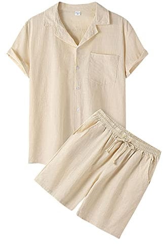HULKAY Mens Casual Cotton Linen Set Short Sleeve Linen Shirt Drawstring Shorts 2 Piece Pajama Sets Loungewear Beach Yoga Set(Khaki,XX-Large)