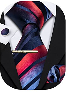 Barry.Wang Herren Seiden-Geschäftskrawatten mit Taschentuch Manschettenknopf-Streifen Plaid-Krawatten-Set Feierliche Hochzeit