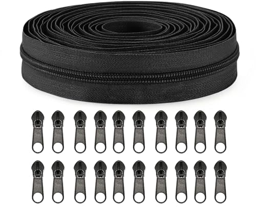 Sawoake - Cerniera al metro, 9,1 m, n. 3, 20 cursori, colore nero, per fai da te, cucito, artigianato, borse, vestiti, tessuti per la casa