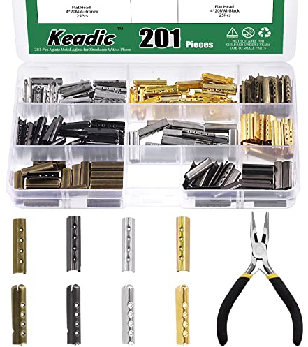 Keadic Lot de 201 lacets en métal à tête plate et ronde avec pince à nez, 4 trous en forme de balle - Embouts de lacets de rechange pour chaussures de sport, toile, sweats à capuche, pantalons (6