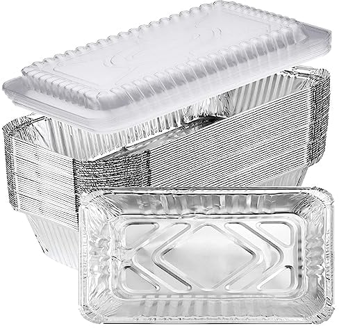 Olymajy bandejas de aluminio, 25PCS 670ml Bandeja de Papel Desechable, Bandejas grandes de papel de aluminio con tapa transparente, recipientes de papel de aluminio para alimentos para hornear