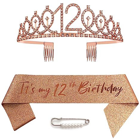 12. Geburtstag Schärpe Und Tiara, Krone 12 Roségold Kristall Geburtstagkrone Set,Rose Gold Geburtstagskrone Schärpe Deko Birthday Crown für Mädchen Frauen Birthday Party Accessoires