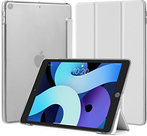 4UBonLife Hülle für iPad 9./8./7. Generation 10,2 Zoll 2021 2020 2019, Dünn Ständer Schutzhülle mit Hart PC Transluzent Rückseite Schale Case, Auto Schlaf/Wach Funktion, Hellgrau