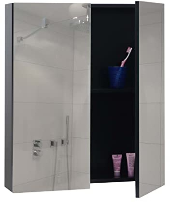 Mendler Spiegelschrank HWC-B19b 70x60x16cm - schwarz | Badschrank, Hängeschrank, 2 Regalböden, Hochglanz, FSC®-Zertifiziert