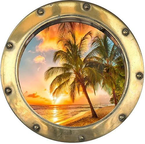 Stickers hublot trompe l'oeil Mer palmier couché de soleil - 8801 (20x20 cm)