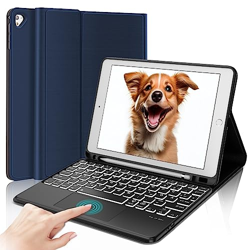 AVNICUD Tastatur Hülle mit Touchpad für iPad 6.Generation - 7 Backlights QWERTZ Deutsch Bluetooth Tastatur Magnetisch Schutzhülle mit Stifthalter für iPad 6./5.Gen, iPad Pro 9.7, iPad Air 2 & 1, Blau