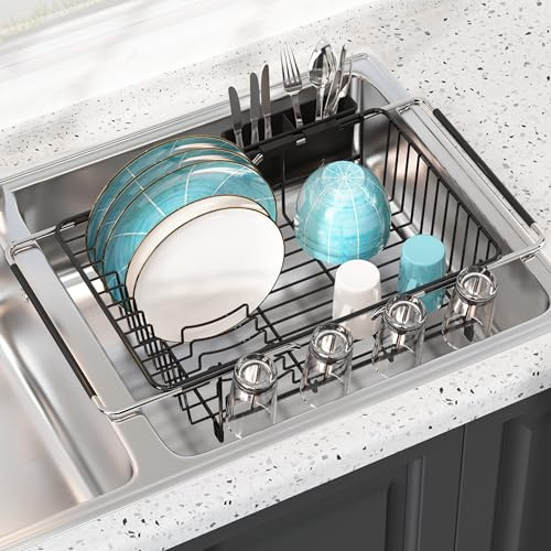 JASIWAY Escurridor de platos en el fregadero, cesta coladora sobre el fregadero, cesta coladora de acero inoxidable con asas de agarre de goma expandibles para verduras, frutas, artículos esenciales