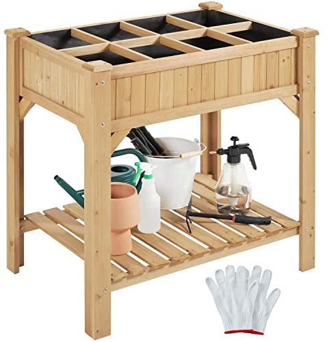 Abician Bac Potager avec 8 Compartiments et 1 Étagère de Rangement Bac à Fleurs en Bois de Sapin avec 4 Pieds pour Jardin Cour Terrasse Serre