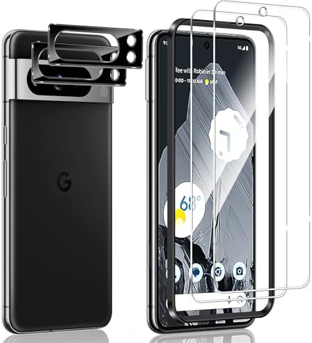 Xunzii Protector de Pantalla para Google Pixel 8 Pro y Protector de Lente de Cámara [2+2 Piezas], con Marco de Instalación Fácil, 9H Dureza, Anti-Arañazos, HD Vidrio Templado, Cristal Templado