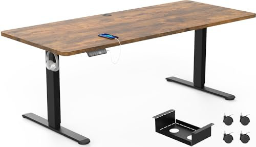 KAIMENG Electric Standing Desk 200x100cm with Cable Management Tray, Sedentary Reminder Height Adjustable Sit Stand Desk, Stand Up Home Office Desk with Splice Board, Black Frame/Rustic Brown Top
