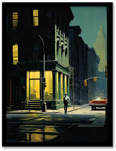 Artery8 New York at Dawn Edward Hopper Style Oil Painting Yellow Green Blue Man Walking in Empty City Street Art Print Framed Poster Wall Decor 12x16 inch