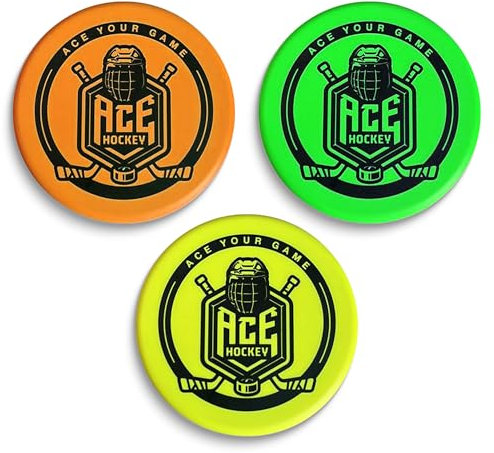 ACE HOCKEY Schaumstoff-Pucks, 3 Stück, Kniehockey-Pucks, weiche Hockey-Pucks, offizielle Verordnung, Größe 7,6 cm, mehrfarbig