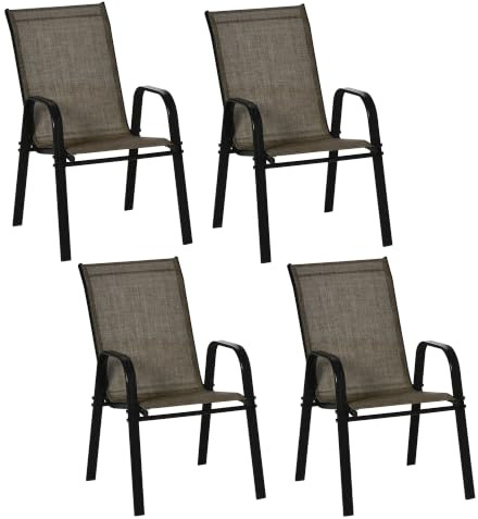 Outsunny 4 Pieces Garden Chairs Stackable with High Backrest Mixed Brown | Armrest, Outdoor Dining Chairs Set of 4, Breathable Mesh Fabric